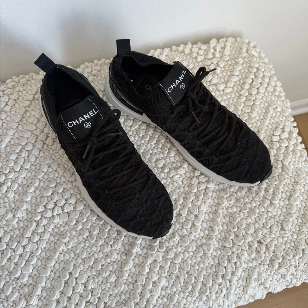 Authentic CHANEL Black ribbed knit lace up sneakers 38 1/2 - Picture 5 of 16